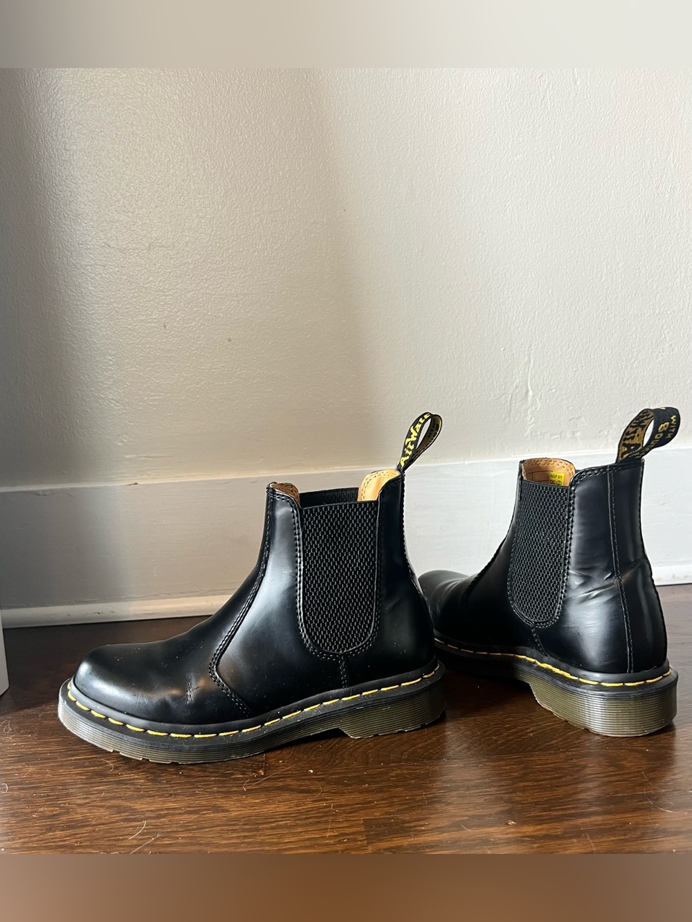 Dr. Martens Black Leather Chelsea Boots with Yellow Stitching